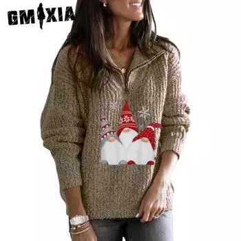GMXIA осень/зима вязаный свитер с длинными рукавами и молнией с принтом Санта-Клауса для женщин S чёрный