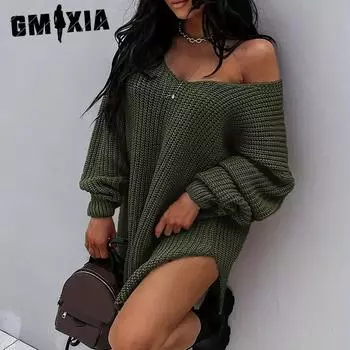 GMXIA Осень-зима Женский ленивый V-образный вырез Женский трикотаж Женский свитер Женский S чёрный