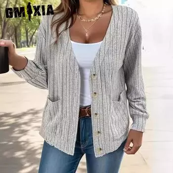 GMXIA осень зима женский однотонный кардиган с пуговицами и V-образным вырезом свободный с длинными рукавами женщина