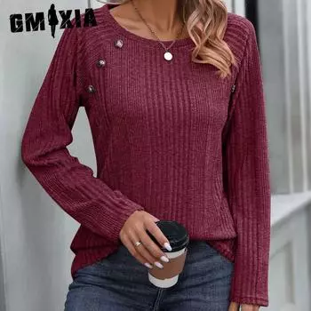 GMXIA Осень-зима Женский шерстяной топ с круглым вырезом и пуговицами на пуговицах с длинным рукавом S чёрный