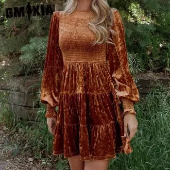 GMXIA Осень-зима женское бархатное платье с длинными рукавами и юбкой-пеплум с круглым вырезом S бордовый