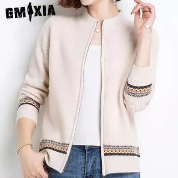 GMXIA Осень Зима Зима OL Темперамент Кардиган Воротник-стойка Прямой Труба Свитер Женский Свитер one size fits all хаки
