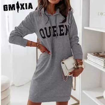 GMXIA Осень-зима с длинными рукавами и капюшоном, спортивное платье с короткими юбками для женщин S хаки