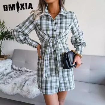GMXIA осенне-зимнее повседневное клетчатое хлопково-льняное платье-рубашка с длинными рукавами на шнуровке для юбки S хаки