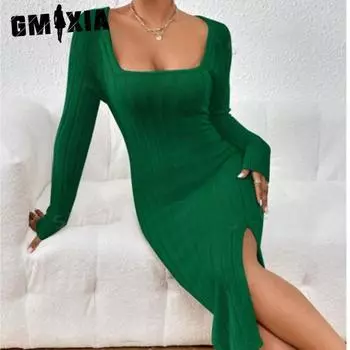 GMXIA Осенне-зимнее женское длинное трикотажное платье с U-образным вырезом и разрезом для женщин S зелёный