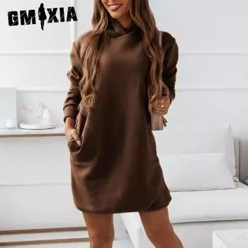 GMXIA осень-зима женское хипстерское платье с капюшоном и длинными рукавами, однотонное женское платье S хаки