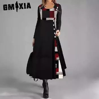 GMXIA Осенне-зимнее женское платье-халат с круглым вырезом и длинными рукавами, подходящее по цвету S жёлтый