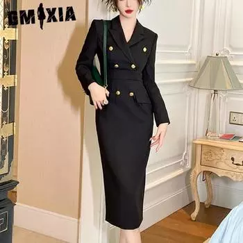 GMXIA Осенне-зимнее женское платье в королевском стиле сестры, двубортное облегающее платье с воротником на ягодицах и запахом S чёрный