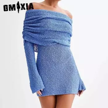 GMXIA Осенне-зимнее женское сексуальное полое платье с длинными рукавами на одно плечо короткое женское S розовый