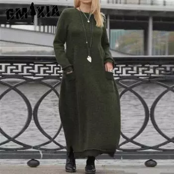 GMXIA Осенне-зимнее женское свободное платье большого размера с кружевным вязанным узором, длинное платье, толстовка с подкладкой, повседневные платья S светло-серый