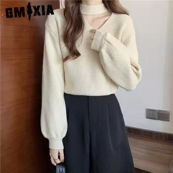 GMXIA Осенне-зимний дизайн Sense Niche Нерегулярный свисающий вырез V-образный вырез Вязаный низ свитера Женская одежда Внутри One Size белый