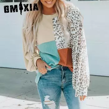 GMXIA Осенне-зимний контрастный леопардовый принт, трикотажный топ с длинными рукавами для женщин S абрикосовый