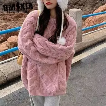 GMXIA Осенне-зимний однотонный мягкий восковой скрученный цветочный свитер женский ретро свободный толстый скрученный пуловер ленивый свитер One size фиолетовый