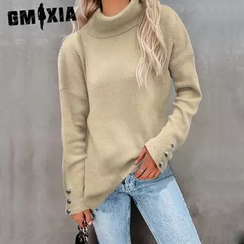 GMXIA Осенне-зимний полосатый свитер с высоким горлом и пуговицами, однотонный повседневный свободный свитер больших размеров для женщин S белый