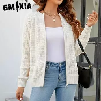 GMXIA Осенне-зимний свитер-кардиган женский однотонный на молнии с круглым вырезом свитер пальто S зелёный