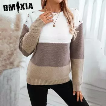 GMXIA Осенне-зимний свитер-пуловер, свободная линия шеи и плеч, пуговицы, цветной свитер в стиле пэчворк для женщин S фиолетовый