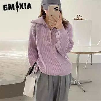 GMXIA Осенне-зимний свитер с застежкой-молнией в полоску, женский дизайн, воротник-стойка, мягкий, вощеный, свободный, ленивый, свитер-топ One size фиолетовый