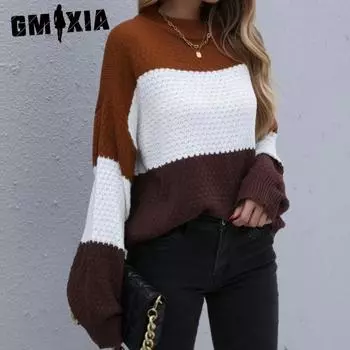 GMXIA Осенне-зимний свободный свитер в тон цвета с круглым вырезом, ленивый легкий спелый свитер-пуловер S коричневый