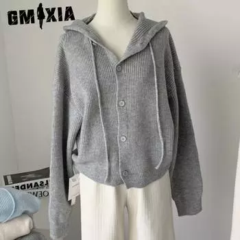 GMXIA Осенне-зимний трикотаж с капюшоном, женская дизайнерская одежда Sense Niche Wear с молочным галстуком, мягкий восковой свитер, осеннее пальто-кардиган One size серый