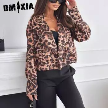 GMXIA Осенне-зимний утягивающий универсальный длинный рукав короткий леопардовый принт пиджак женские куртки и пальто S коричневый