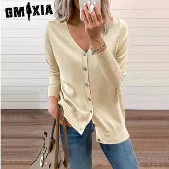 GMXIA Осенне-зимний вязаный кардиган женский свободный топ со свитером V-образный вырез свитер пальто женская одежда S белый