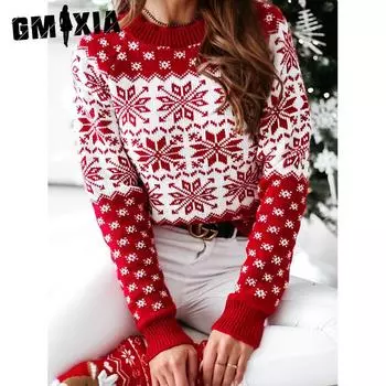 GMXIA Осенне-зимний вязаный свитер женский рождественский снежинка длинный рукав вязаный свитер S белый