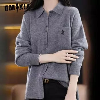 GMXIA Осенне-зимний женский свитер с вышивкой на карманах, свободный однотонный вязаный кардиган с воротником-поло One size слоновая кость