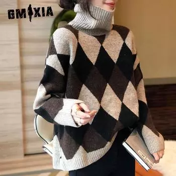 GMXIA Осенне-зимний женский свитер с высоким воротом, толстый, свободный, с ромбами, от ленивого ветра One size хаки