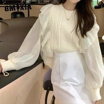 GMXIA Осенне-зимний женский свитер в стиле пэчворк с круглым вырезом, милый однотонный трикотажный топ One size белый