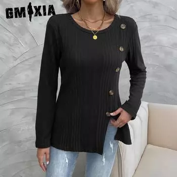 GMXIA Осенне-зимний женский темпераментный топ с круглым вырезом и открытыми пуговицами с длинными рукавами S чёрный