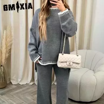 GMXIA Осенне-зимняя мода однотонный свободный комплект из двух предметов для отдыха женские костюмы и комплекты S чёрный