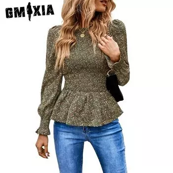 GMXIA Осенне-зимняя рубашка с длинными рукавами и поясом, блузка с принтом, модная женская футболка для женщин S чёрный