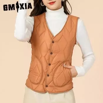 GMXIA Осенне-зимняя женская флисовая утолщенная комфортная теплая зимняя куртка с короткими карманами и карманами, облегающий жилет, куртки и пальто S хаки