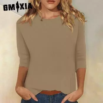 GMXIA Осень-зима Женская футболка с круглым вырезом и рукавами-семью точками, однотонная футболка S чёрный