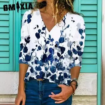 GMXIA Осенне-зимняя женская модная футболка с принтом и длинным рукавом с V-образным вырезом и позиционированием личности S