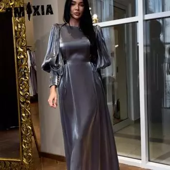 GMXIA Осеннее платье-фонарик с длинным рукавом из сатина, облегающее, со шнуровкой, для женщин S