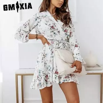 GMXIA Осеннее платье с V-образным вырезом, длинными рукавами и нерегулярным принтом в виде оборки S