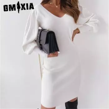 GMXIA Осеннее платье Сексуальное платье с открытой спиной и вырезом на талии с кружевом и V-образным вырезом S белый