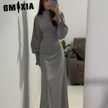 GMXIA Осеннее плиссированное платье на талии в дворцовом стиле S синий