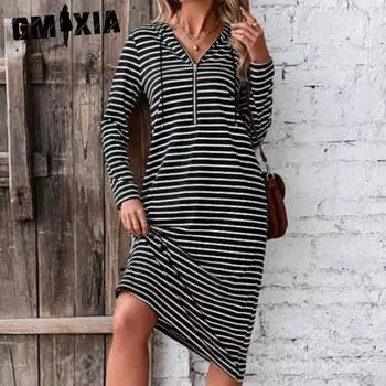 GMXIA Осеннее полосатое облегающее модное платье с капюшоном и длинными рукавами S чёрный