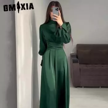 GMXIA Осеннее сплошное цветное платье феи с длинными рукавами и поясом с пышными рукавами S зелёный