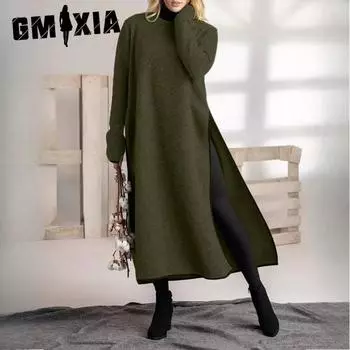 GMXIA Осеннее свободное большое трикотажное кружевное длинное платье с подкладкой, повседневные платья S серый