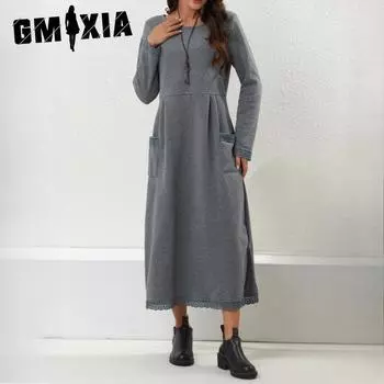 GMXIA Осеннее свободное большое трикотажное кружевное длинное платье с подкладкой, повседневные платья S светло-серый