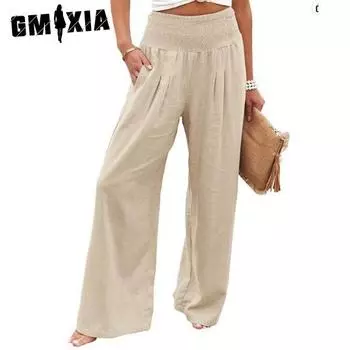 GMXIA Осенние хлопковые и льняные удлиненные женские брюки с эластичной талией, повседневные спортивные брюки большого размера S белый