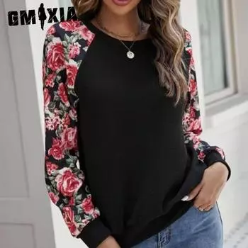 GMXIA Осенний принт пэчворк мода повседневная толстовка с капюшоном O-образный вырез длинный рукав женская одежда S чёрный