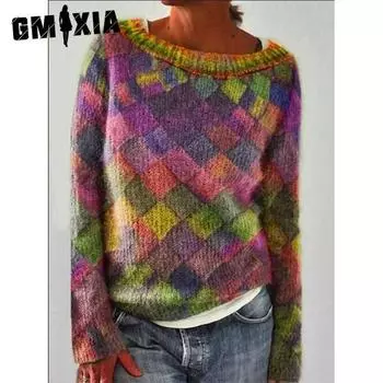 GMXIA Осенний свитер с круглым вырезом и длинными рукавами в ромбовидную клетку S фиолетовый