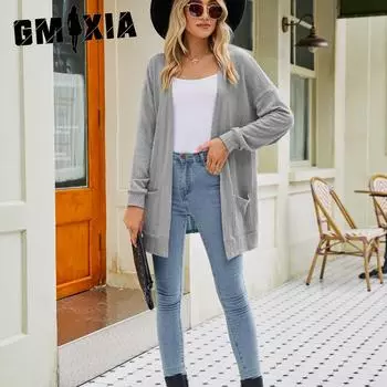 GMXIA Осенний трикотаж Пальто Женское Осенний длинный рукав Однотонный кардиган Свитер Женский S чёрный