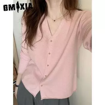 GMXIA Осенний вязаный кардиган женский нежно-розовый с V-образным вырезом, омолаживающий тонкий свитер, короткий свободный топ-тренд One size