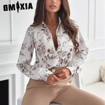 GMXIA Осенняя мода Простая многоцветная блузка с длинными рукавами и принтом Блузка для женщин S