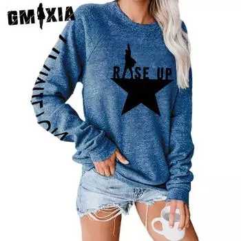 GMXIA Осенняя женская футболка с капюшоном и принтом пентаграммы с круглым вырезом и длинными рукавами S серый